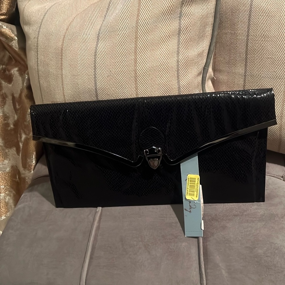 Kate Landry black snake print clutch